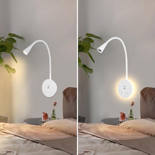 Image of White Headboard Reading Light, 2 Pack Led Wall Mounted Book light, Bedroom Reading Lamp, USB Output, Night Light & Switch, Wall Sconce for Bedtime Reading, Gooseneck Headboard Bed Lights Wall Sconce