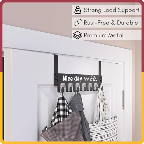 Image of Amiraj Powder-Coated Over Door Organizer, 7-Hook Heavy Duty, No-Drill Hanger for Bathroom, Bedroom & Kitchen (Black, Pack of 1)