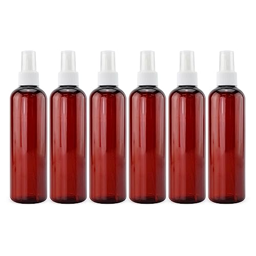 Cornucopia 8oz Amber Brown PLASTIC Spray Bottles with White Fine Mist Atomizers (6-Pack); Brown Plastic Spritzer Bottles