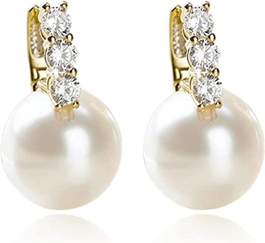 DI QIU REN Pearl Drop Earrings for Women 14K Gold Plated Hypoallergenic Hoop Earrings Post 5A Cubic Zirconia Dangle Earrings Jewelry for Friends Gifts Large Size