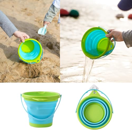 8 PCS Kids Collapsible Bucket Beach Sand Toys Sensory Playset, Portable Sandbox Digging Toys Including Pail, Shovel, Rake, 2 in 1 Shell Shark Tooth Sifter & Castle Building Sand Molds Set for Children