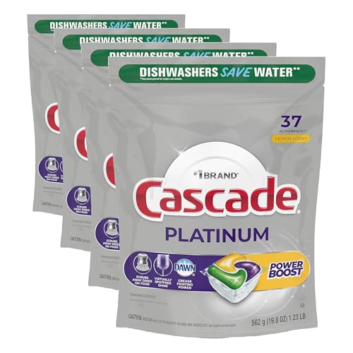 Image of Cascade Platinum Power Boost Dishwasher Pods, Dishwasher Detergent, Dishwasher Soap, Dish Tabs, Dishwashing Tablets, Dish Detergent, Lemon, Actionpacs, 37 Count (Pack of 4)