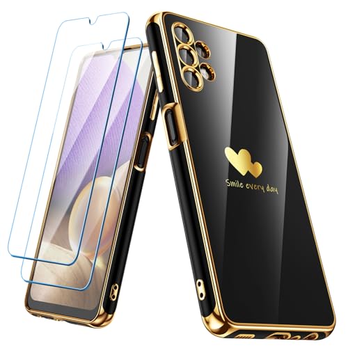 Coque Samsung A32 5G noire avec 2 verres trempés de protection et motif cœur plaqué or