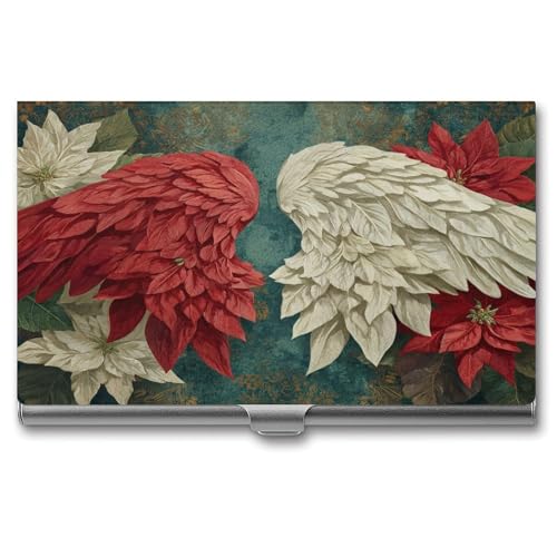 Red White Poinsettias Angel Wings Business Card Holder, Pocket Slim Portable Metal Business Card Case for Women Men