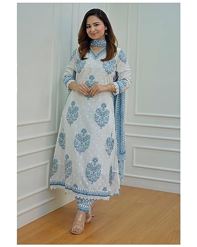 Women's Cotton Printed Floral Straight Kurta with Palazzo Pants and Dupatta2