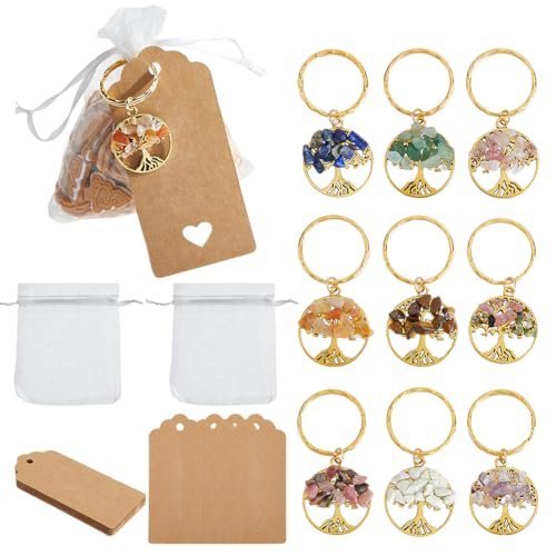 SUPERFINDINGS 18pz Albero della Vita Portachiavi Albero della Vita d'oro Portachiavi con Chip di Pietre Portachiavi in Pietra Cristallo Naturale Etichette e Sacchetti per Matrimoni Shower Favori