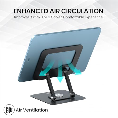 Image of iVOOMi Nimbus Tablet Stand for Desk with Cooling Vent, Adjustable 360 Rotating Tablet Holder, Foldable Metal iPad Stand for Tablets Up to 19 Inch, Black