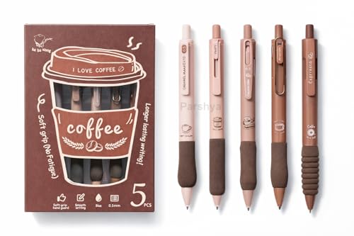 Image of KiddieWorld Coffee Theme Gel Pens Set of 5 | 0.5mm Fine Tip Blue Ink Pens | Soft Grip Smooth Writing Pens | Aesthetic Cute Stationery for Students, Office, Journaling & Gifts