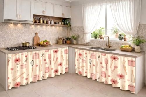 Image of Decorative Sink Curtain for Kitchen | Pack of 2 | 150x70 cm Under-Sink Cover | Printed Fabric Panel with Rod Pocket | Washable Storage-Hiding Curtain for Modern Home Decor (VELEN)