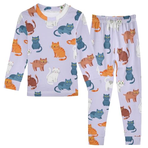 Pajama Sets Long Sleeve Cats Purple Background Soft Comfy Sleepwear 2 Piece PJS 3-8T
