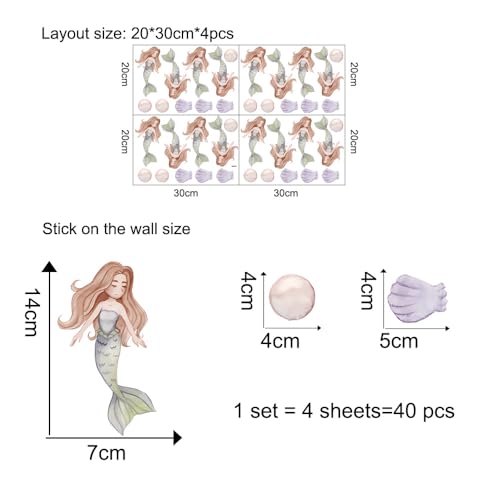 Image of Mermaid Wall Stickers for Girls Room - 4 Sheets 40 Pcs Boho Mermaid Seashell Pearl Wall Decals Peel and Stick Scatter Wall Art Baby Girl Bedroom Nursery Gift Fairy Tale Wall Art