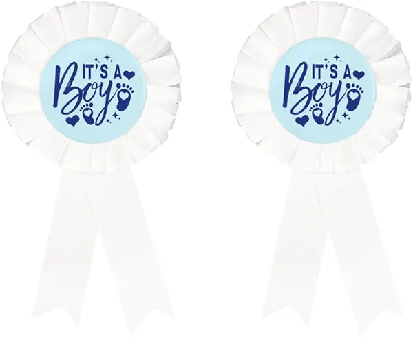 Gender Reveal badge pin, Its a boy Tinplate Badge Pin for Dad to be & Mom to be, Baby Shower Button New Mom Gifts Gender Reveals Party Baby; white Rosette Button Celebration, Boy White