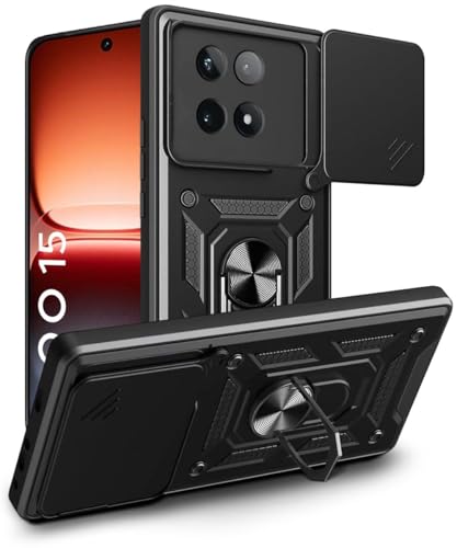 Image of AIBEX Back Cover Compatible for iQOO 15 5G | D10 Tough Armor Case | Sliding Camera Shield | 360 Protection | Kickstand Ring Holder | Military-Grade Bumper Case - Black