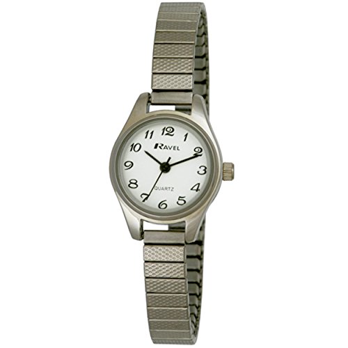 Ravel - Reloj de Cóctel Pequeño y Redondo para Mujer con Correa Extensible de Acero Inoxidable - Tono Platead