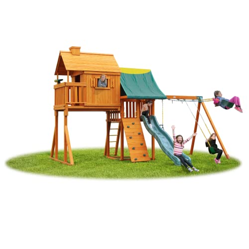 Sky Tree House Solid Cedar Wood Swing Set | Jungle Gym with Tree House Tower, Covered Porch, Chimney, Swings and Accessories | Easy Assembly, Pre-Assembled Components | Kids Playhouse | 1,474 lbs - #1