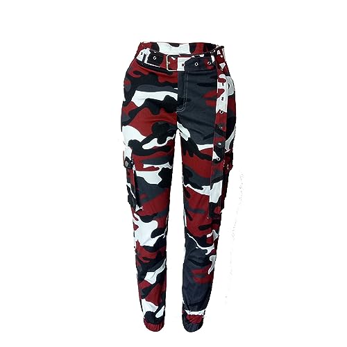 MESLIMA Women's Camo Pants High Waist Slim Fit Cargo Trousers with Pocket Camouflage Long Sweatpant with Belt4