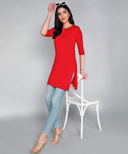 Image of FLEXIMAA Women's Cotton Plain Round Neck 3 /4 Sleeve Long Top