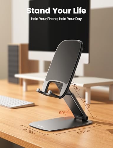 Image of Lamicall Ultra-Thin Foldable Cell Phone Stand for Desk | 0.59 inch Slim Fold, Height & Angle Adjustable, Sturdy Metal Base, Thick Case Friendly for iPhone 17 /16 /15 /14 Pro Max, Galaxy S26