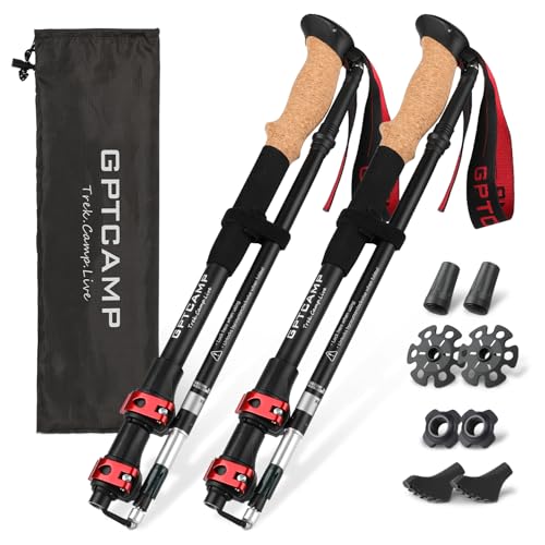GPTCAMP Walking Sticks,Trekking Poles Collapsible Hiking Poles,Lightweight Folding Travel Walking Pole for Men Women,2pc Adjustable Hiking Stick with EVA Foam Grips for Backpacking,Red