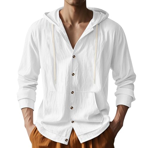 Mens Cotton Linen Long Sleeve Button Down Shirts with Pockets Casual Hawaiian Beach Shirts Lightweight Fashion Hoodies