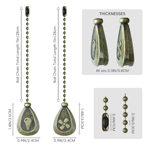 Image of Ceiling Fan Pull Chain, Sun Moon Fan Pull Chain Extension, 12 Inches Decorative Chain Pulls Ornaments for Lamp (2 Pack Bronze Fan Bulb)
