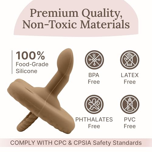 Image of Orthodontic Silicone Pacifiers (Set of 2) - 100% Food-Grade, One-Piece Design, Soft Orthodontic Nipple, Airflow Shield, Multi-Use Pacifier & Soother for 0+ Months - Hazel /Beige - Mila & Lulu