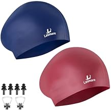 Long Hair Swim Cap for Women 2 Pack, Silicone Swimming Caps for Unisex Adult Women Men with Ear Plugs & Nose Clip Set, Waterproof Adult Swim Hats Bathing Caps to Keep Hair Dry