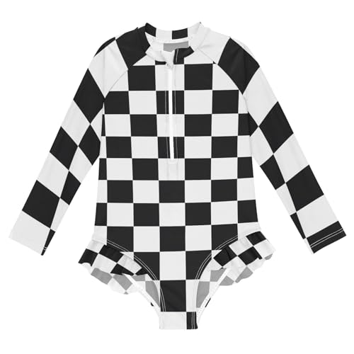 Girls One Piece Swimsuits Long Sleeve Swimsuit Zipper Bathing Suits Black White Checkered Chess Buffalo Plaid