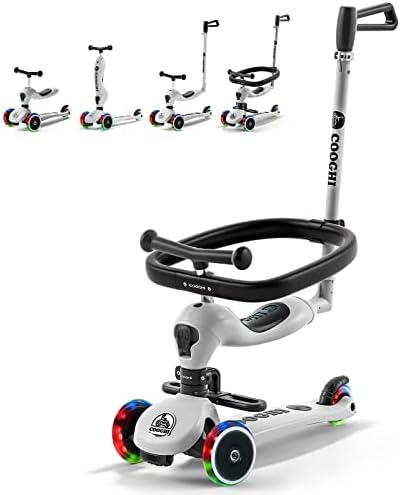 COOGHI 4-in-1 Toddler Scooter, Kids Scooter with Flashing Wheels, 360° Baby Fence & Adjustable Parent Push Bar & Seat & T-Bar, 3 Wheel Scooter for Kids Ages 1-5, Boys & Girls