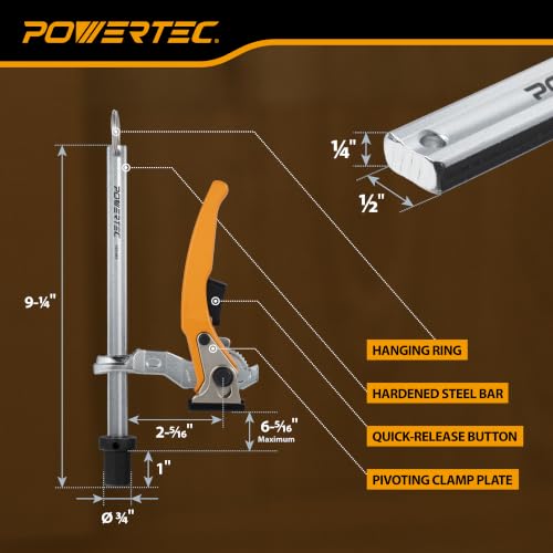 Image of POWERTEC Woodworking Bench Dog Clamps, 2 PK, for 3 /4 inch Dog Holes (72452-P2) | Quick-release ratchet, 6-5 /16 inch clamping capacity, non-marring pads, ideal for MFT workbenches, routing & sanding