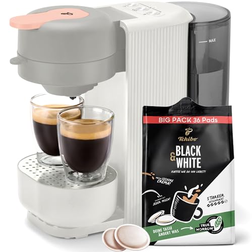 Tchibo Kaffeepadmaschine CALL ME PAD inkl. 36 Kaffeepads Black & White, mit Taste für To-Go Becher, für 2 Tassen, schnell und leise, automatische Abschaltfunktion, Weiß