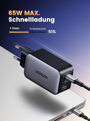 UGREEN Nexode USB C Ladegerät 65W GaN Netzteil 3-Port PD Charger 60W PPS kompatibel mit MacBook Pro/Air, iPhone 17 Pro Max/16/15, iPads, Galaxy S24 Ultra/S23/S22(Schwarz) – Bild 3