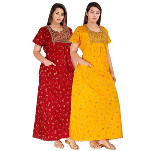 Image of DIAMO Pure Cotton Embroidery Nighty for Women, Cotton Night Gown, Night Maxi Gown, Cotton Nighty with a Pocket and Adjustable Knot
