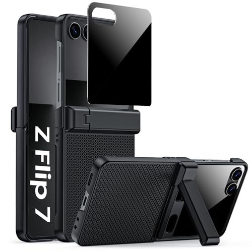 Image of Spugan for Galaxy Z Flip 7 Case, Hidden Kickstand & Built-in Privacy Screen Protector & Enhanced Hinge Protection, Slim Full Body Shockproof Protective Phone Case for Samsung Z Flip 7 (Black)