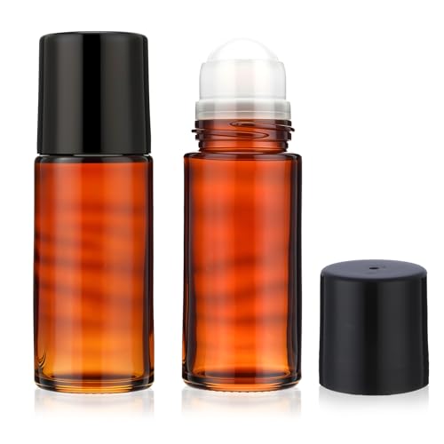 YUXIANLB Botellas de cristal con rodillo de aceite, 50 ml, 2 unidades, recargables, para aceites esenciales, perfume, cosméticos, aplicador de bola de rodillo, desodorante vacío