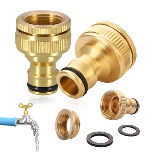 2 Stück Messing Schlauchanschluss für 1/2 Zoll und 3/4 Zoll Hahnverbinder 2-in-1 Gartenschlauch Anschluss Wasserhahn Adapter Schlauchverbinder Wasserhahnanschluss Garten Schraubgewinde Schnellkupplung