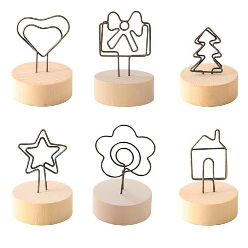 HSYTEK 6 Stück Fotohalter, Holz Fotohalter mit Klammern, 6 Stile Zettelhalter, Fotoständer für Hochzeitsdekoration, Geburtstagsfeier, Bürowohnung, Küche und Wohnkultur, Postkartenständer