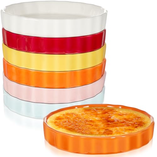 Uiifan 6 Pcs Ramekins 8 oz Oven Safe Creme Brulee Ramekins Creme Brulee Dishes Porcelain Quiche Baking Dish Round Fluted Souffle Ramekins Bowls for Baking Souffle Tart Pudding Dipping (Multicolor)