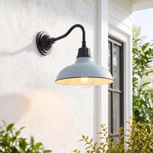Image of JONATHAN Y 12.25 inch Matte Silver Blue /Black Farmhouse Industrial Outdoor Sconce, LED Gooseneck Wall Light for Porch, Metal Bowl Shade, Dimmable Vintage Exterior Fixture, LED Bulb Included (JYL7613N)