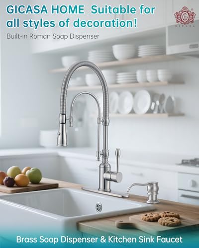 Image of Classical Commercial Copper Kitchen Faucet, Single Handle Spring High Arc with 360 Swivel Pull Down Spray, Brushed Nickel Finish & Deck Plate for Farmhouse Sink
