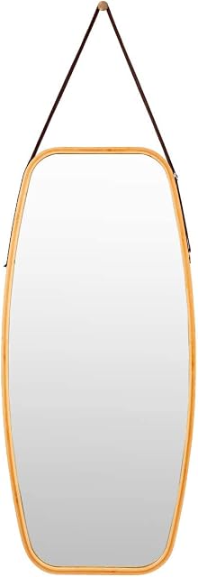 GiantexUK Rectangle Hanging Mirror, Bamboo Wall Mounted Mirror with Adjustable PU Strap, Bathroom Living Room Makeup Mirror, Natural
