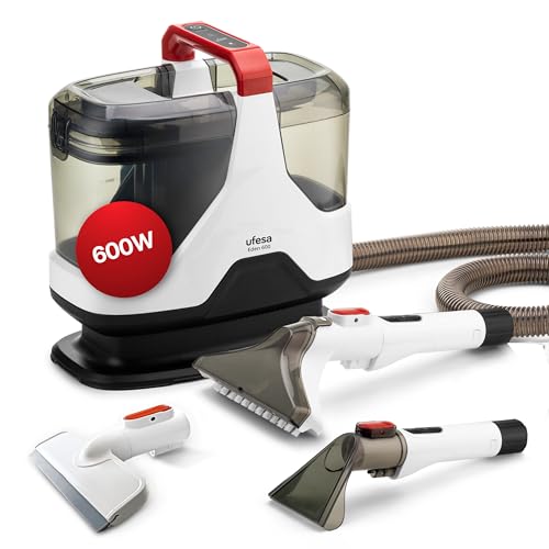 Ufesa Eden 600 Aspiradora de Tapicerías con Agua 600W, Doble Depósito, Succión de Líquidos y Sólidos, Cepillo Multifunción, Accesorio Limpiacristales, Ideal para Alfombras, Sofás, Coche y Cristales