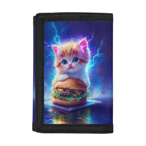 GLUDEAR Kid Wolf Trifold Wallets Outdoor Print Wallet Money Organizer Teens Girl Boy Birthday,Hamburger Cute Cat Lightning4