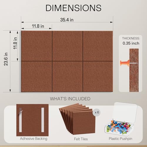 Image of MaxGear Felt Bulletin Board 36 inch x 24 inch, Chocolate Brown Felt Wall Tiles