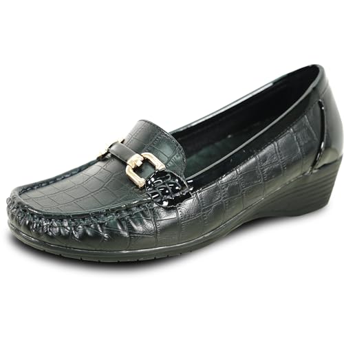 Image of KOZI Women Comfort Casual Wedge Shoe Slip-On Loafer ML Collection Round Toe Penny Loafer Removable Insole Black Champagne