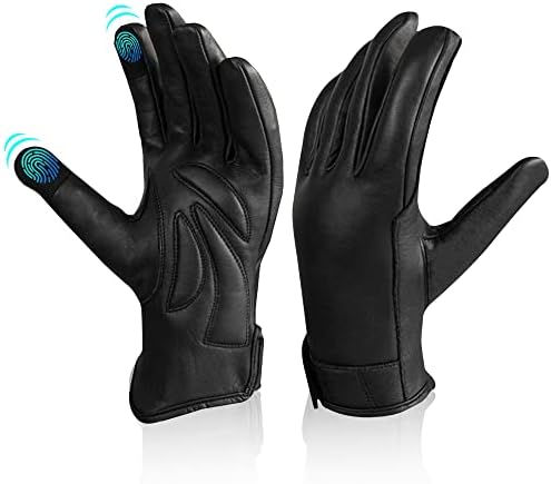 Leather Motorcycle Riding Gloves for Men Women Biker W/ Touchscreen, Waterproof Thermal Winter Gloves Full Finger Warm Glove in Cold Weather for Motorbike, Cycling, Driving, Hiking (Black, Size XL)