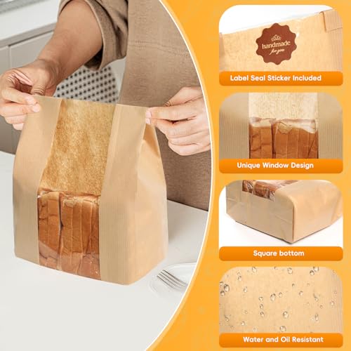 Funcoo 100 Pcs Paper Bread Bags for Home Bread Sourdough Bread Bakery Storage Bags with Window,Large Bakery Bread Loaf Bags for Baked Goods Packaging,Label Seal Sticker Included …