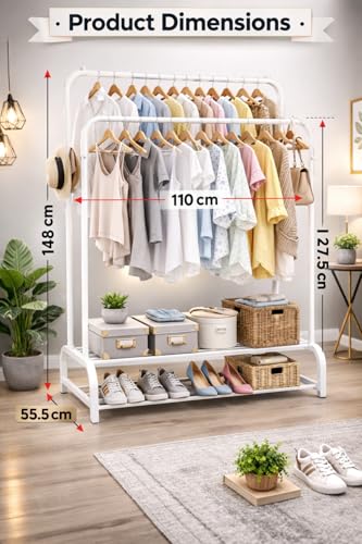 Image of Raawan Heavy Duty Double Rod Clothes Rack with Side Storage Shelves | Metal Garment Stand Organizer | Space Saving Cloth Hanger Stand for Bedroom, Living Room & PG (2 LAYER WHITE)