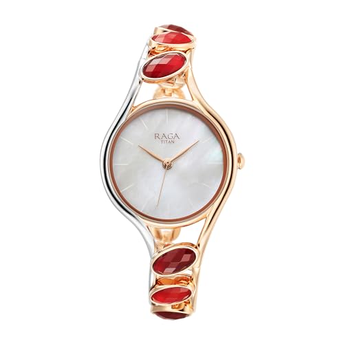 Titan Raga New You Quartz Analog Mother of Pearl Dial Garnet Stone bi-Metal Strap Watch for Women-NS95190KM01