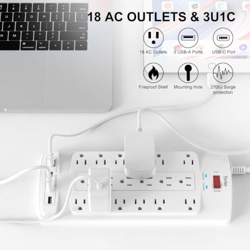 Image of Surge Protector Power Strip, Yintar 10 Feet Flat Plug Heavy Duty Extension Cord with 18 Widely Outlets and 4 USB Ports, 2100 Joules, ETL Listed, White
